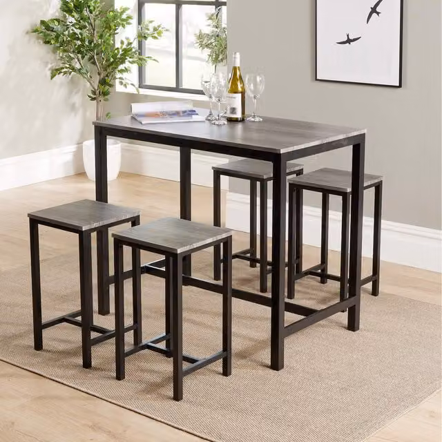 Home Source Nicosia Industrial Dining Table and Bar Stool Set in Grey