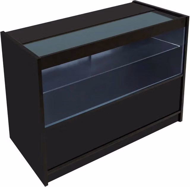 Monstershop C1200 LED Retail Shop Counter with Sliding Glass Doors and Integrated Lighting, Black