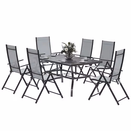 Outsunny 7 Piece Grey Garden Dining Set with Metal Top Table and Armchairs