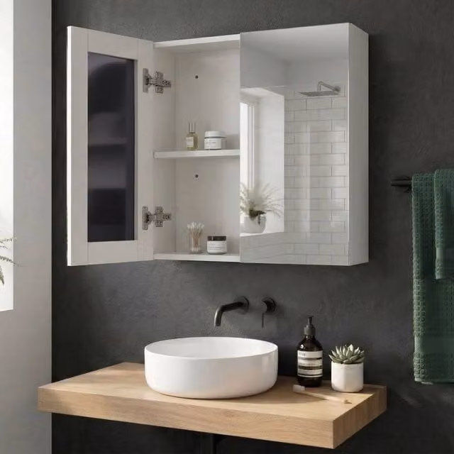 Wyld and Coco White Plywood Wall Mounted Mirror Cabinet with Two Soft Close Hinged Doors and Internal Shelves, W/H: 80 x 70 cm – 1