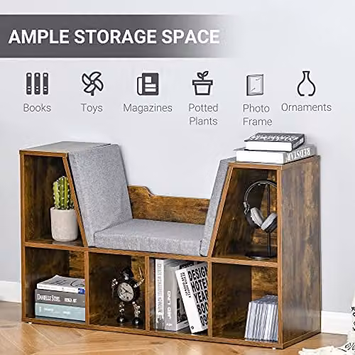 HOMCOM Bookcase Storage Shelf with Cushioned Reading Seat, Rustic Brown – 3