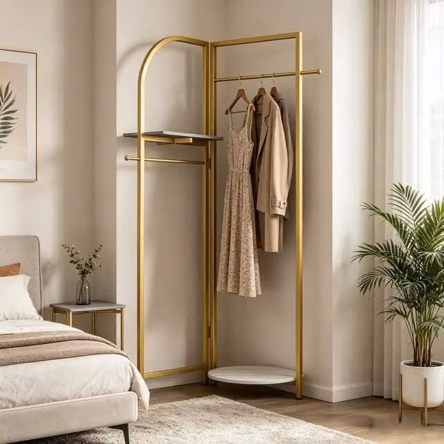 KORVIXA Freestanding Corner Clothing Rack in Matt Gold with Dual Hook and Rail Matrix – 1