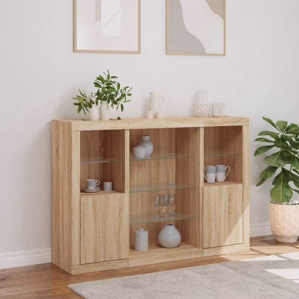 Berkfield Home Set of 3 Modern Sideboards in Sonoma Oak Brown with Integrated LED Lighting – 3