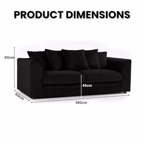 Bliss Furniture Dylan 3 Seater Scatter Back Sofa in Grey and Black Jumbo Cord Fabric with Removable Covers, W/D/H: 190 x 90 x 90 cm – 2