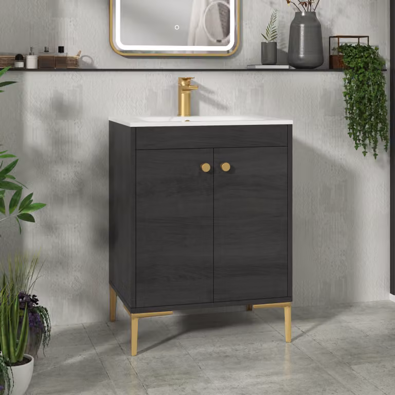 Royal Bathrooms Verona 600mm Black Woodgrain Floor Standing 2 Door Vanity Unit with Carrara White Basin and Brushed Brass Knob