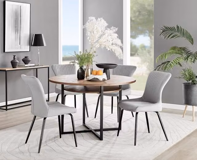 FurnitureboxUK Adley Brown Wood Storage Dining Table and 4 Nora Light Grey Chairs with Black Legs – 1