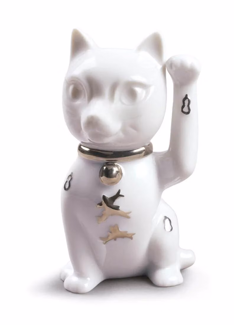 Lladró Maneki Neko Porcelain Figurine in White and Silver Lustre