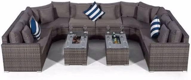 Giardino Santorini 8 Seat Rattan Sofa Set with 2 Large Drinks Cooler Coffee Tables in Grey