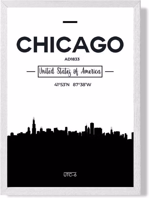 ARTZE Chicago Black and White City Skyline Framed Paper Poster in White Frame
