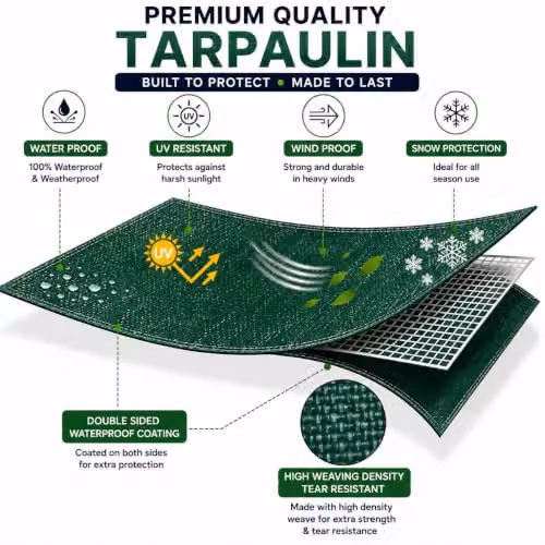 KAV Heavy Duty Waterproof Tarpaulin with Eyelets, Green, W: 4.80 m, D: 3.60 m – 3