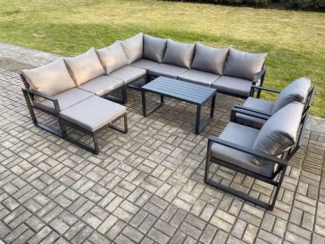 Fimous Powder Coated Aluminium L-Shape Garden Lounge Corner Sofa Set with Coffee Table and Ottoman in Dark Grey