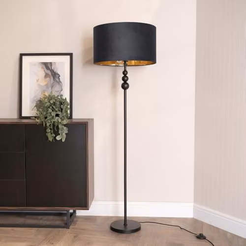 ValueLights Marissa Black Stacked Ball Floor Lamp with Gold Inner Shade and Warm White Bulb – 2