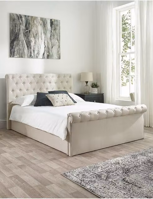 Aspire Chesterfield Ottoman Storage Bed in Natural Linen, Single, W/D/H: 90 x 190 cm