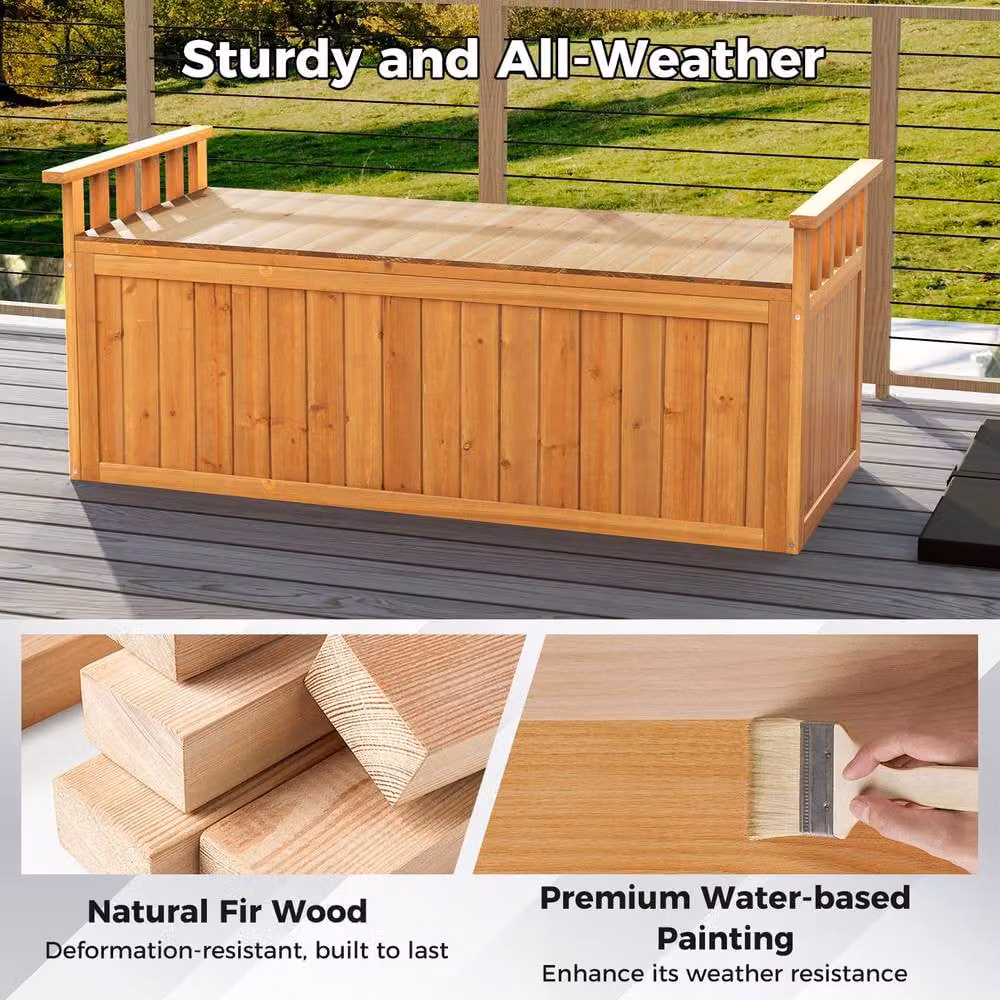 Gymax 209 L Large Storage Deck Box Patio Loveseat with Armrests in Natural Brown – 4