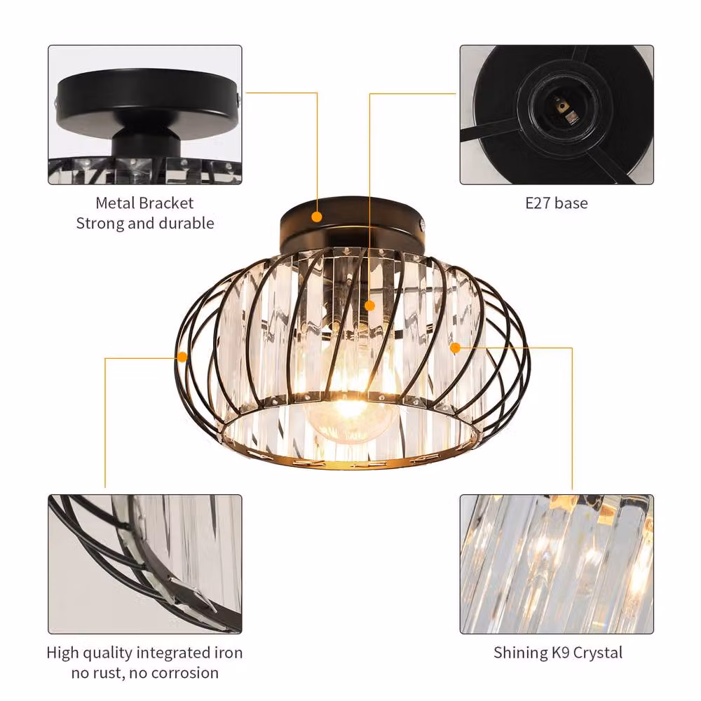Pheashine Modern Crystal Pendant Light in Black with E27 Bulb, Diameter: 28 cm – 2