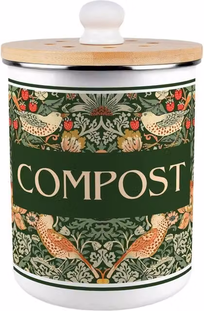 Purely Home Strawberry Thief Metal Compost Caddy with Flip Lid, 2L, Green