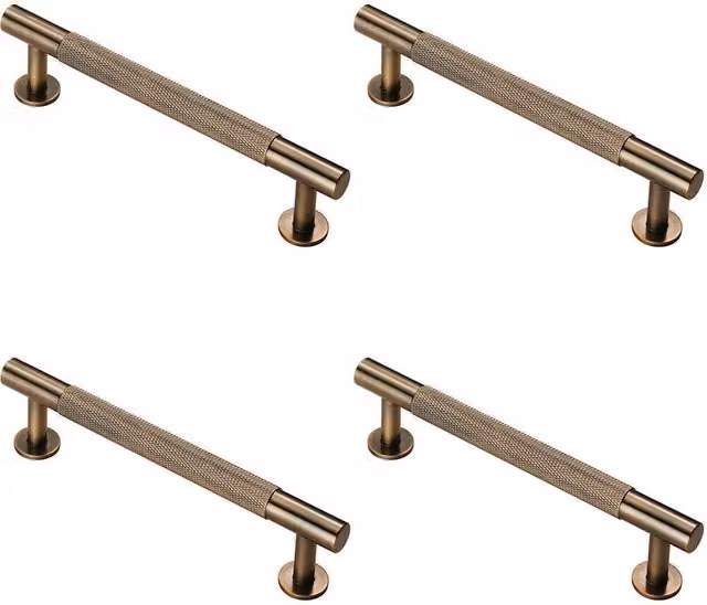 Loops 4x Knurled Bar Door Pull Handle in Antique Brass, W: 158 mm, D: 13 mm, Fixing Centres: 128 mm