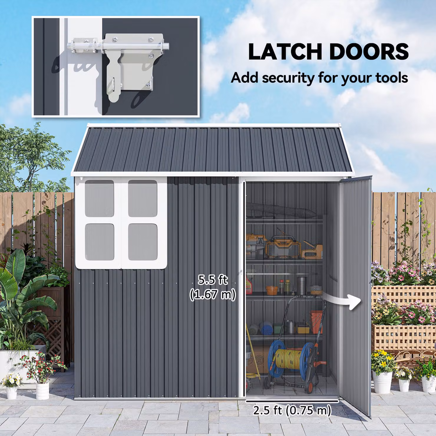Outsunny Galvanised Steel Garden Shed with Latch and Window in Dark Grey – 7