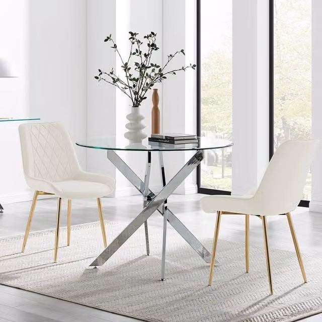 FurnitureboxUK Novara Round Glass Kitchen Dining Table and 2 Pesaro Gold Leg Chairs in Cream and Gold