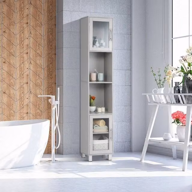 NESTLUNE Slim Freestanding Storage Organizer Cupboard in Grey with Glass Doors, H 180 x W 15 x D 15 cm