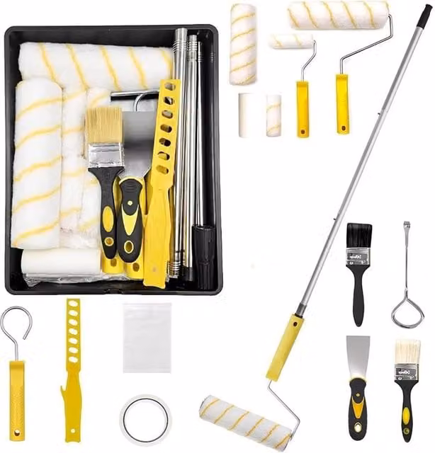 Nordara 17-Piece Paint Roller Set with Extension Pole and Wall and Ceiling Painting Brush Kit in Multicolour and Yellow