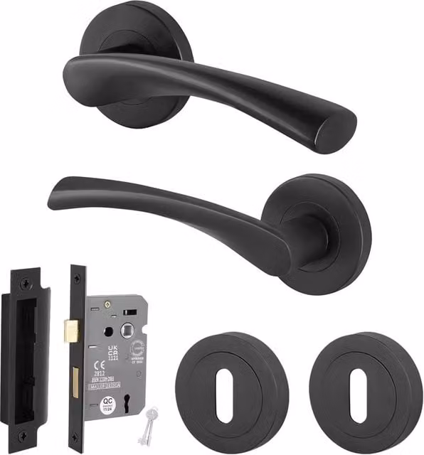AFIT Black Lock Door Handle Rose Set, 1 Pair, Matt Black, W/D/H: 15 x 15 cm