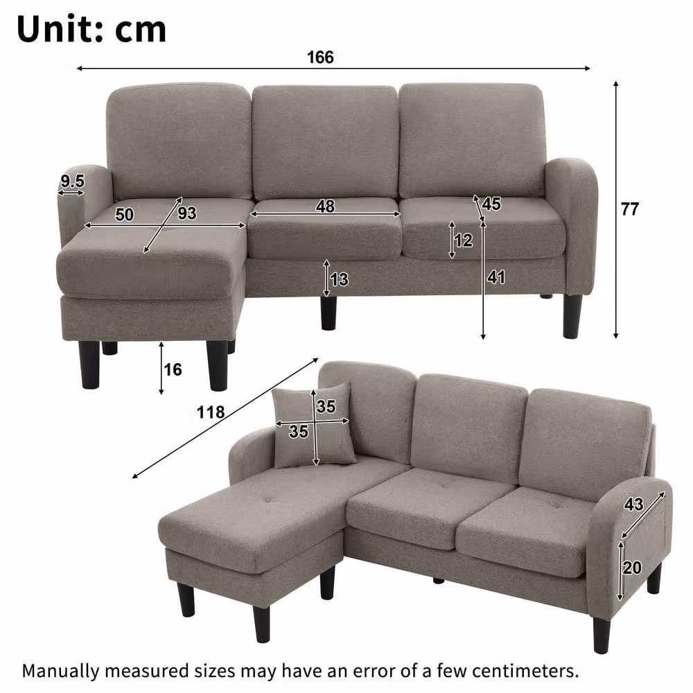 ModernLuxe Reversible L-shaped 3-seater Corner Sofa with Chaise Lounge in Grey Linen Fabric – 3