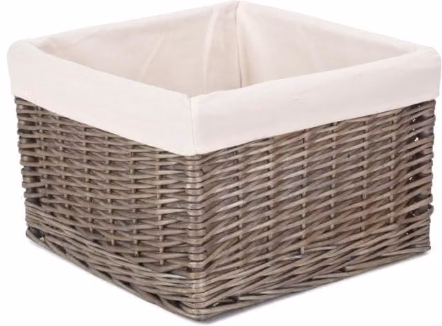 Red Wicker Square Antique Wash Lined Storage Basket with Handles in White, Medium