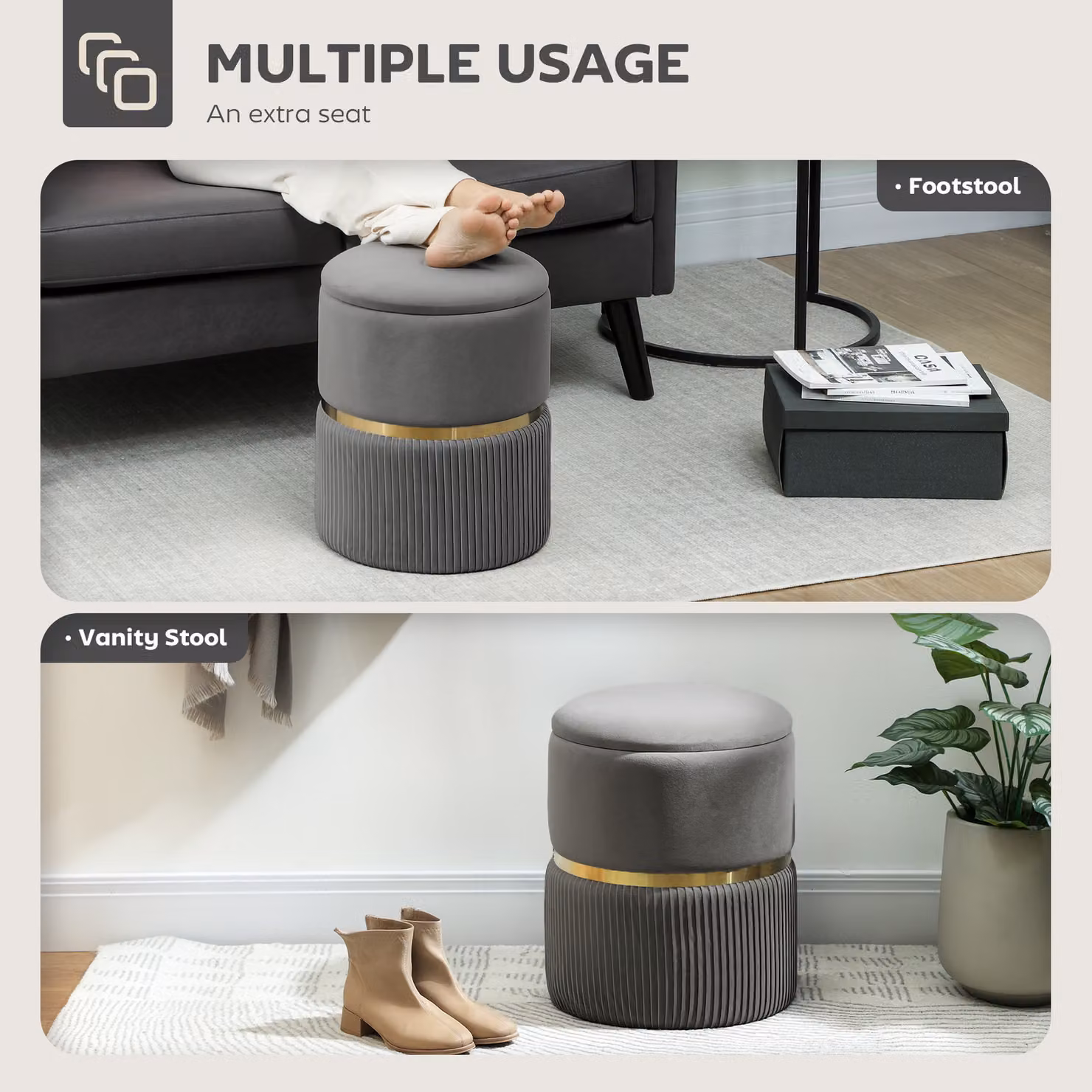 HOMCOM Grey Velvet Round Ottoman Stool with Hidden Storage Compartment and Gold Accents – 5