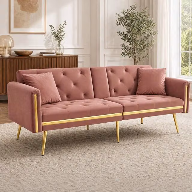 STILVORA 2-Seater Pink Velvet Click-Clack Sofa Bed with Gold Metal Frame and Cup Holders W: 174 cm, D: 76 cm, H: 71.5 cm – 1