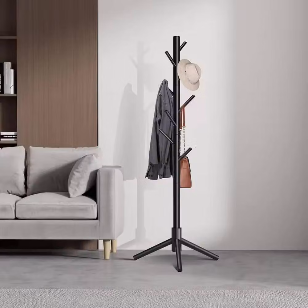 FORGEVIO Modern Wooden Coat Stand in Black with 8 Hooks and Tripod Base, Width: 50 cm – 3