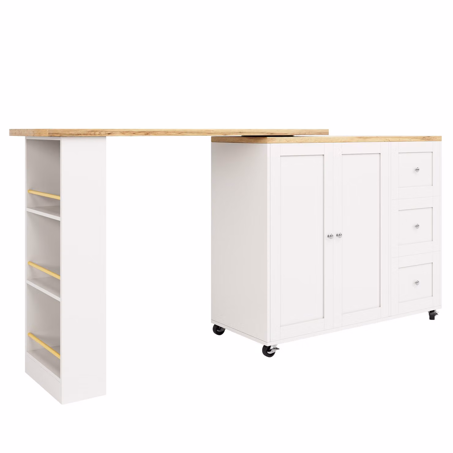 Aosom UK Multifunctional White Kitchen Storage Island Dining Table with 3 Drawers, Snack Rack and Castors, W: 209 cm, D: 39 cm, H: 104 cm – 2