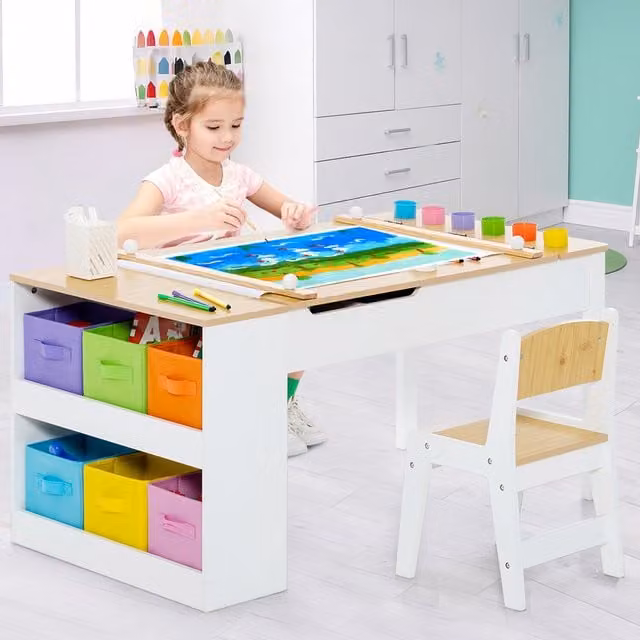 Costway 2-in-1 Childrens Art Easel Set in Brown and White