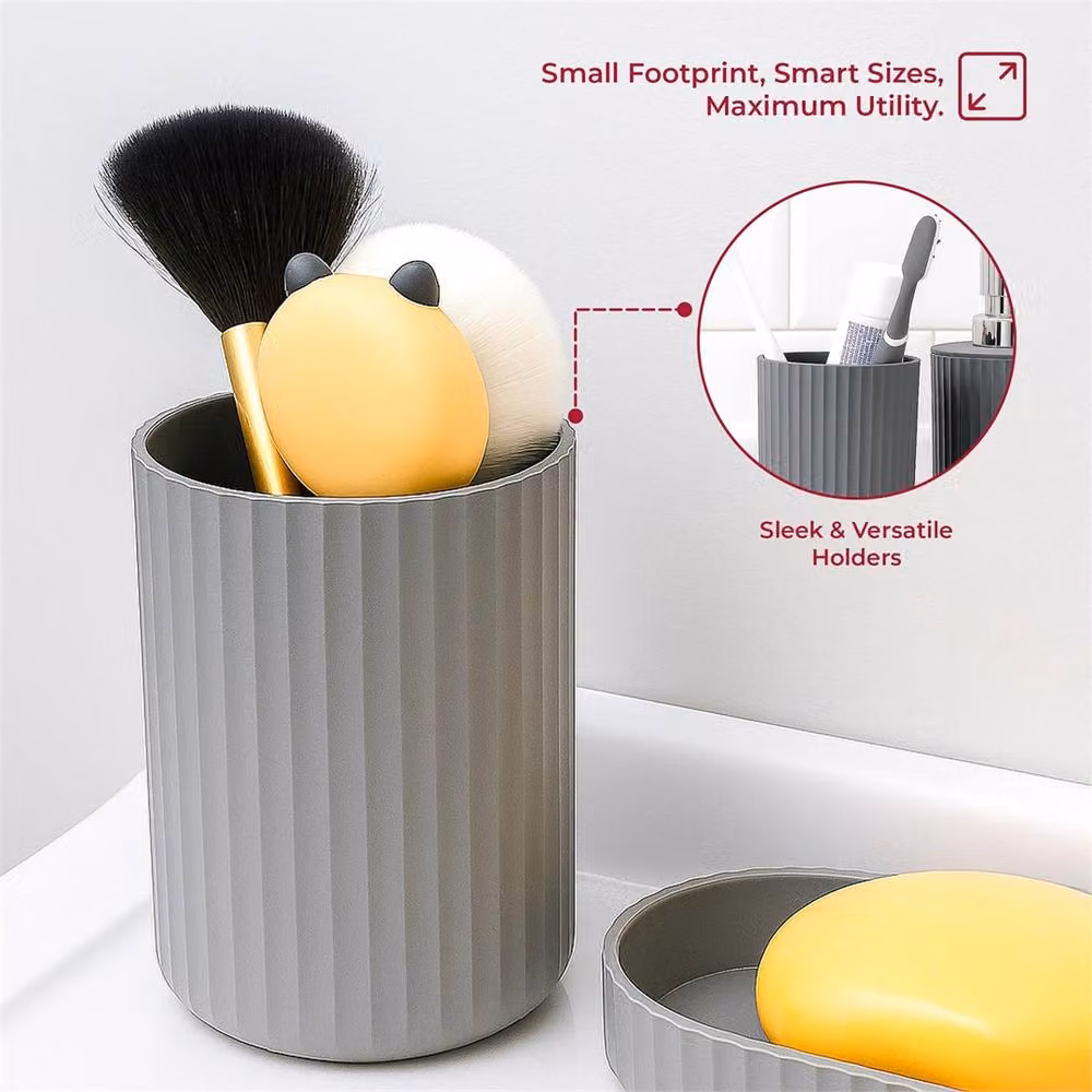 NESTLUNE 4 Piece Grey Plastic Bathroom Accessories Set including Soap Dispenser, Soap Dish, Tumbler and Toothbrush Holder – 2