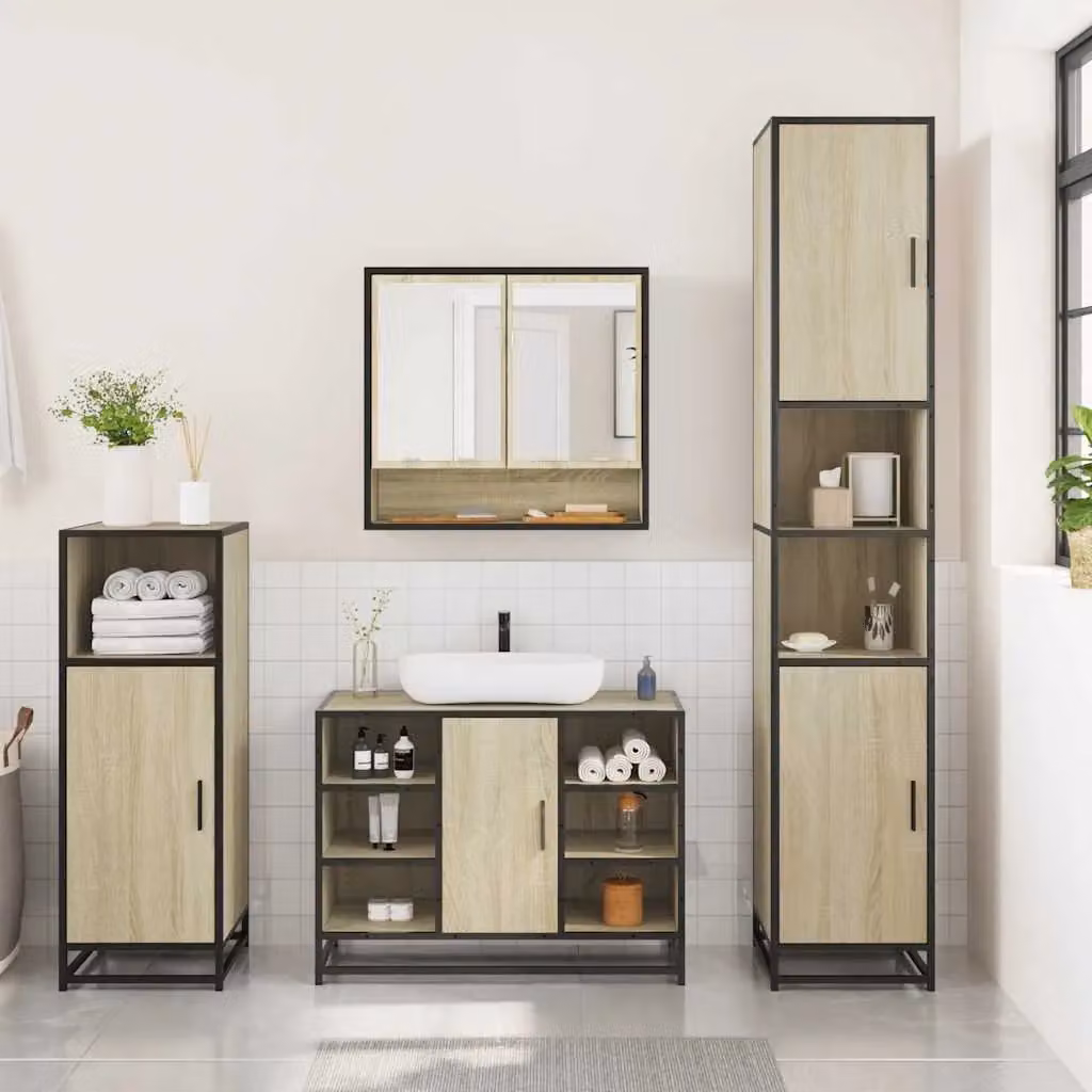 Berkfield Home 3 Piece Industrial Bathroom Furniture Set in Brown Sonoma Oak – 3