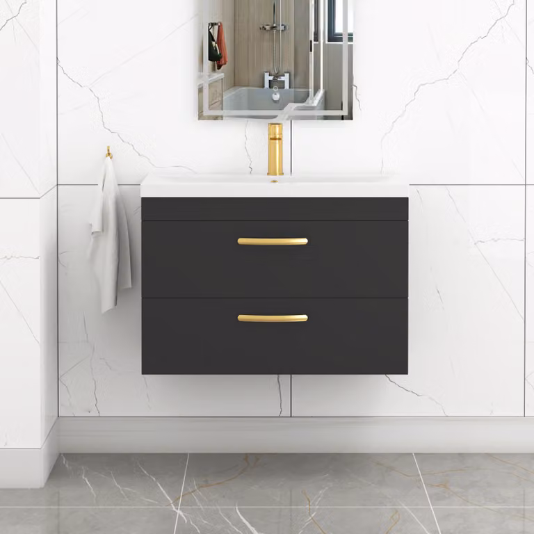 Royal Bathrooms Turin 800mm Wall Hung Vanity Unit in Matt Black with 2 Drawers and Mid-Edge Basin featuring Brushed Brass Handles