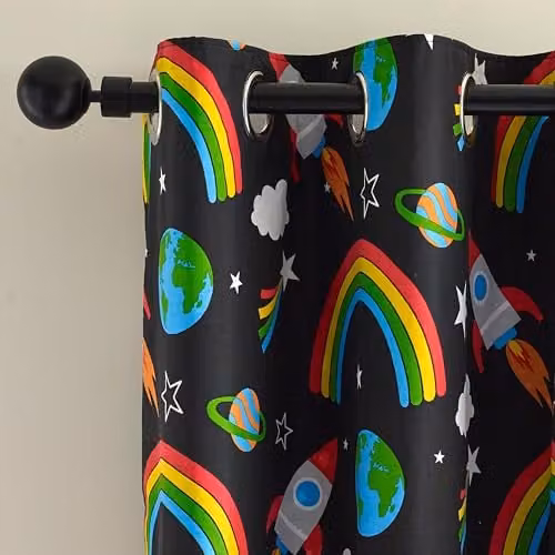 Catherine Lansfield Rainbow Rockets Fully Reversible Eyelet Curtains, Two Panels, Black and Multicolour, W: 168 cm, H: 183 cm – 1