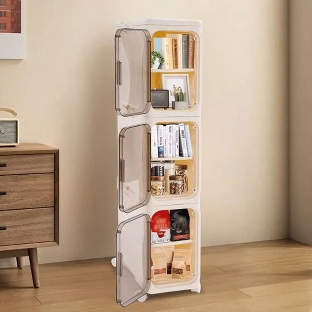 Ventryn 3 Tier Narrow Freestanding Bathroom Storage Cabinet with Wheels and Glass Hinged Doors in Beige – 4