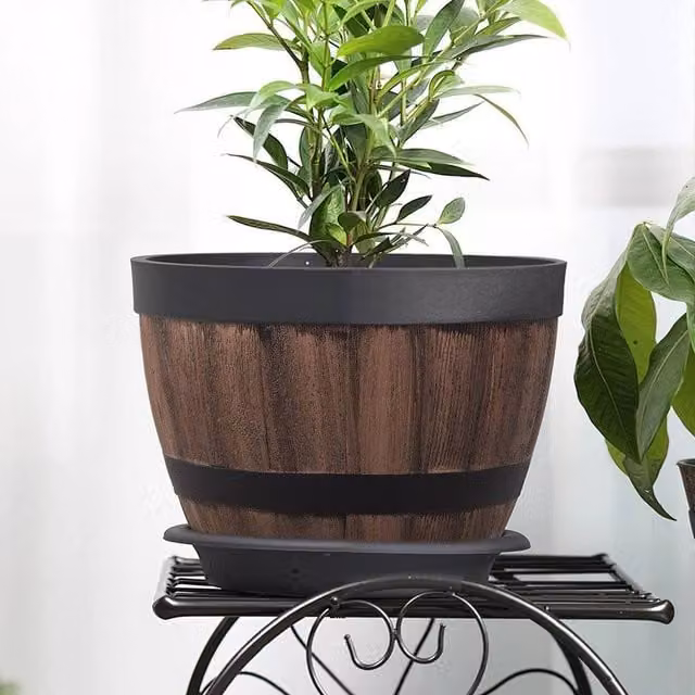 NESTLUNE Set of 4 Brown Barrel Planter Pots for Garden and Indoor Plants – 1