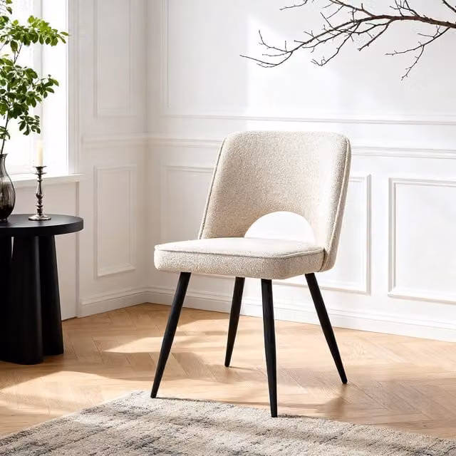 Home Garden Direct Set of 2 Modern Beige Bouclé Fabric Dining Chairs with Metal Upholstered Frame