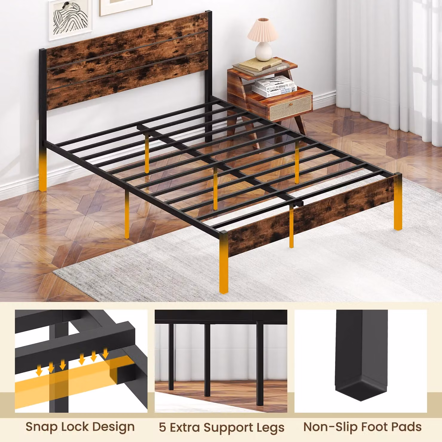 Gymax Double Metal Platform Bed Frame with High Headboard, Brown, W/D/H: 140 x 200 cm – 6
