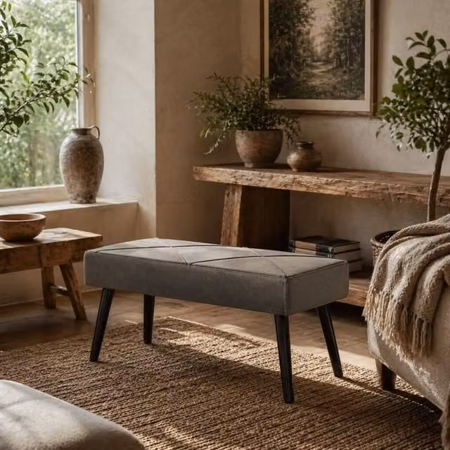 Wyld Haus Mazuka Grey Velvet End of Bed Bench with Black Metal X Frame Legs