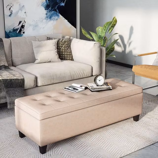 HOMCOM Linen Storage Ottoman Bench with Tufted Padded Seat in Beige