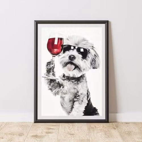 60 Second Makeover Limited Funny Havanese Drinking Wine Illustration Wall Art Poster, Black and White, A4