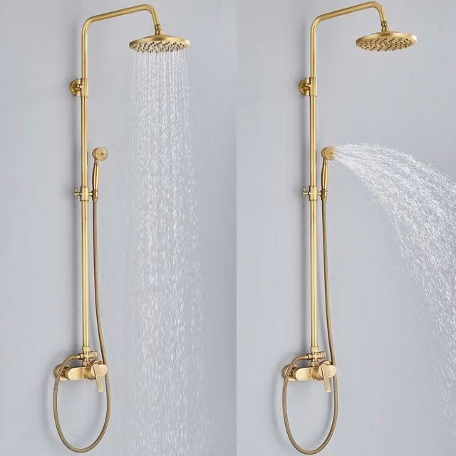 KORVIXA Gold Antique Brass Exposed Bathroom Shower Mixer Set with Hand Shower and Rigid Column