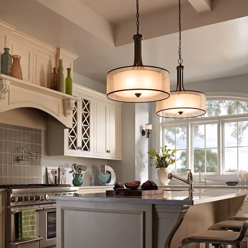 Netlighting Lacey 4 Light Large Round Ceiling Pendant in Mission Bronze and Brown with E27 Glass Shades – 2