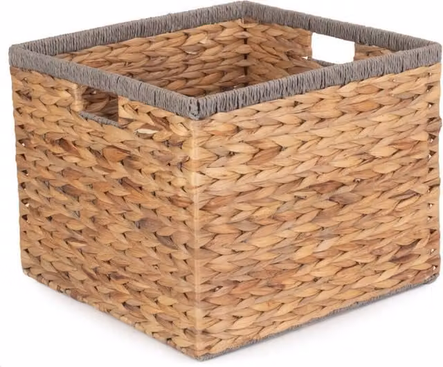 Red Hamper Square Water Hyacinth Storage Basket with Grey Rope Border in Brown, 35 cm