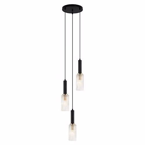 Netlighting Modern Suspended Pendant Light in Black and Gold with 3 E14 Glass Cylinders