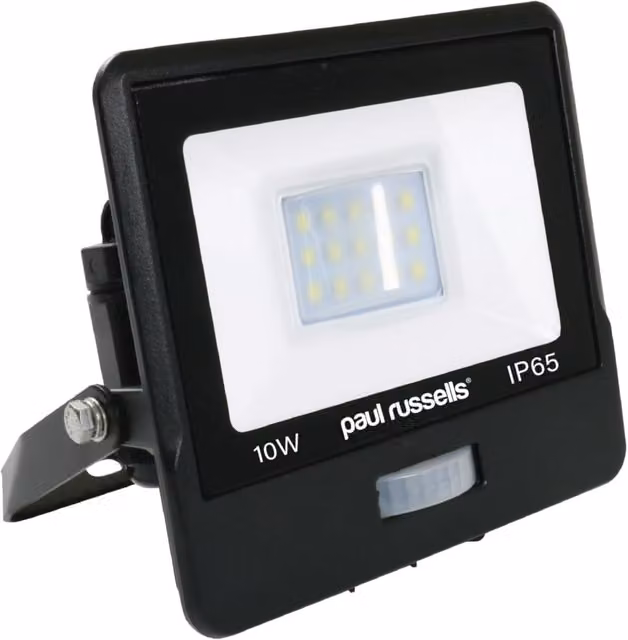 Paul Russells 10W LED Floodlight with PIR Motion Sensor, 1000lm, 6500K Cool White, IP65 Weatherproof, Black or White
