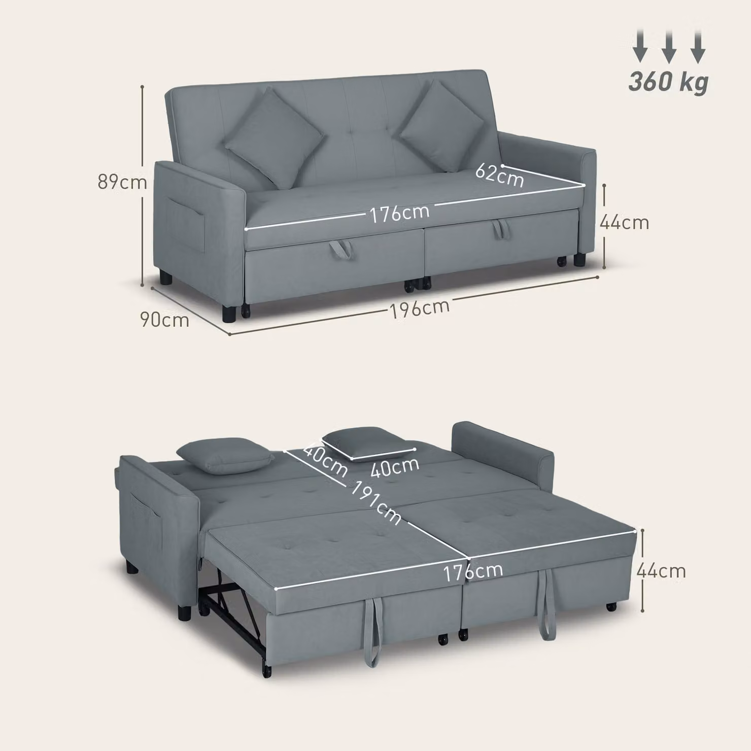 HOMCOM 3 Seater Velvet Click-Clack Sofa Bed in Grey, W/D/H: 200 x 140 x 89 cm – 3